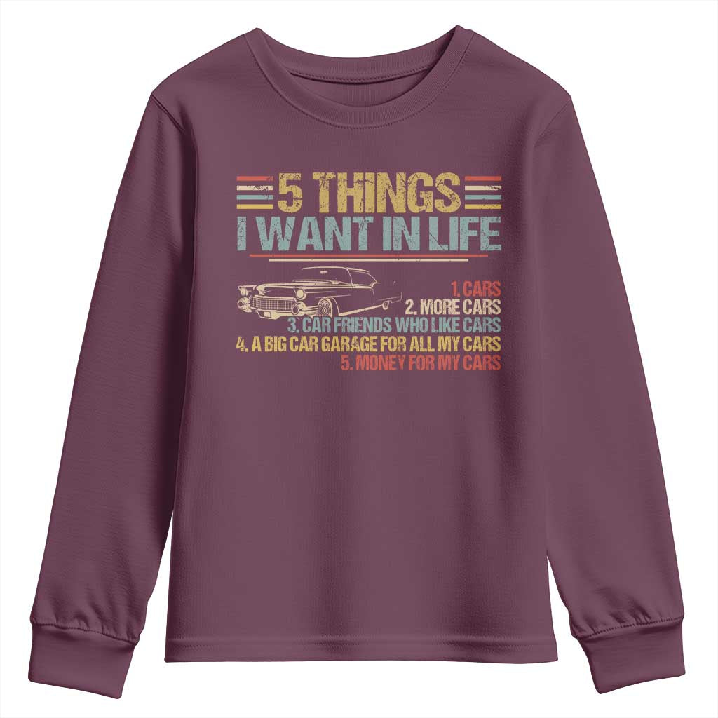 Car Lover Youth Sweatshirt 5 Things I Want In Life Cars More Cars