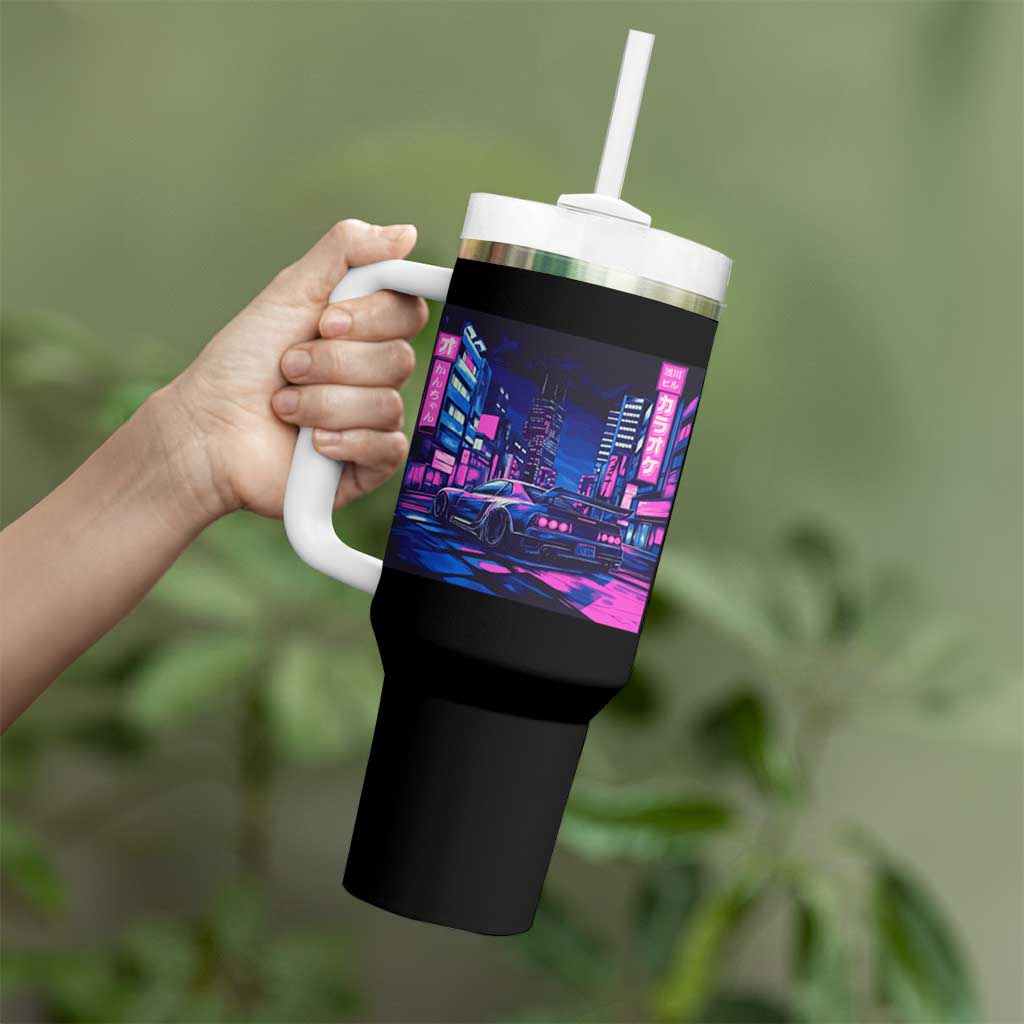 Tokyo Night Drive Tumbler With Handle Retro Futuristic JDM Street Racing Aesthetic