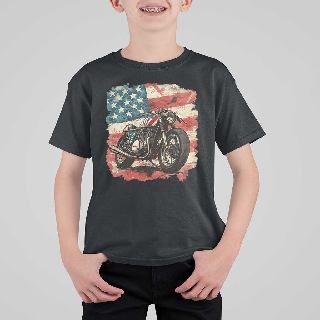 Motorcycle USA Flag Retro Biker T Shirt For Kid