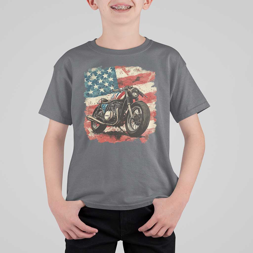 Motorcycle USA Flag Retro Biker T Shirt For Kid