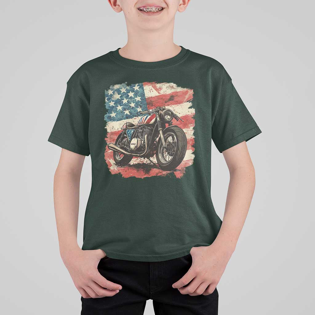 Motorcycle USA Flag Retro Biker T Shirt For Kid