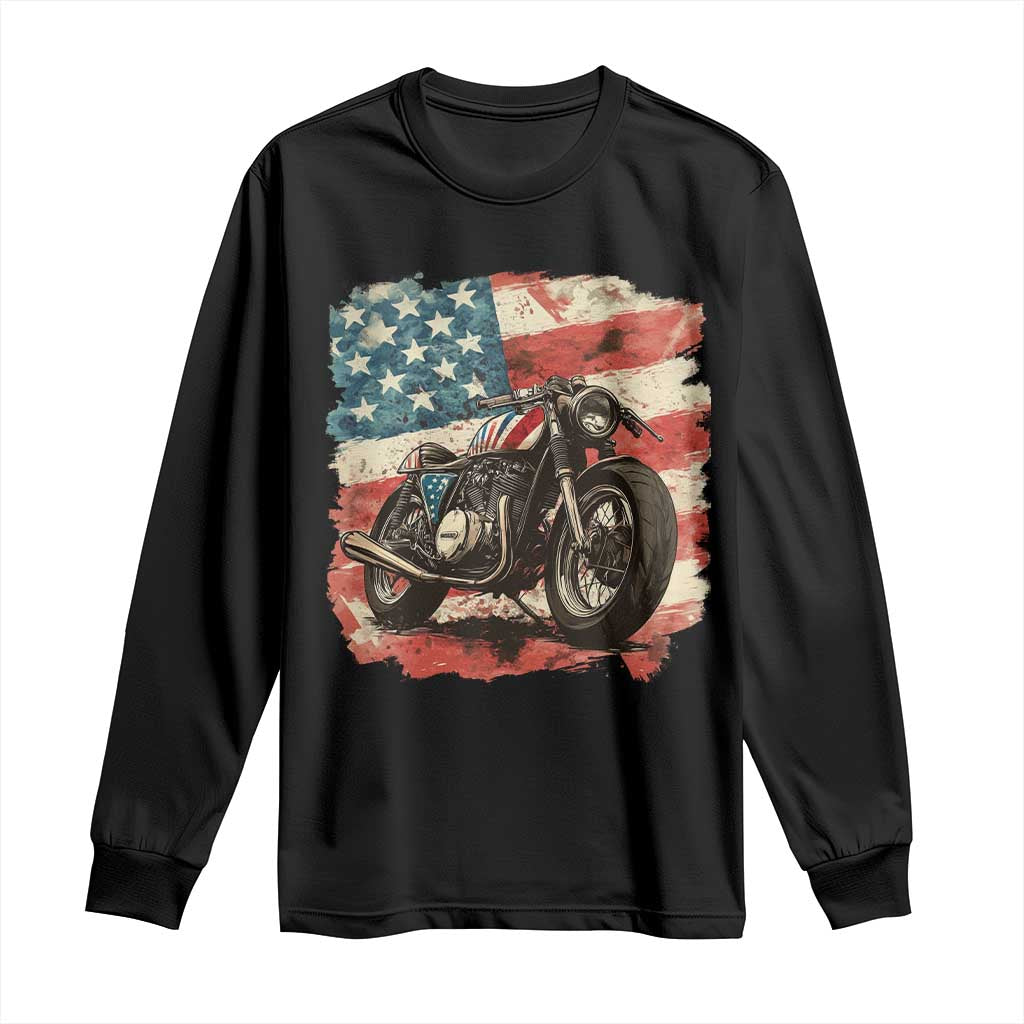 Motorcycle USA Flag Retro Biker Long Sleeve Shirt