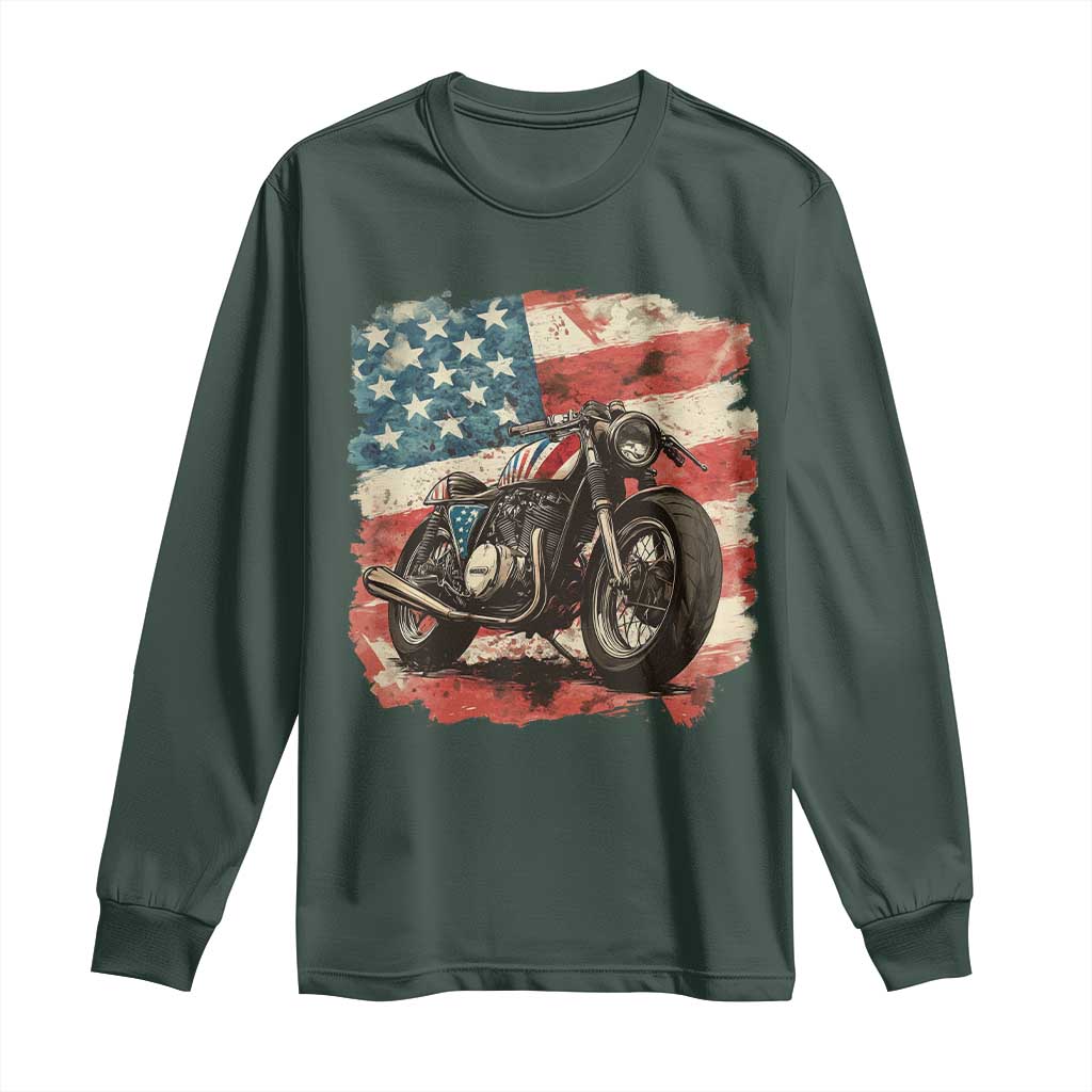 Motorcycle USA Flag Retro Biker Long Sleeve Shirt
