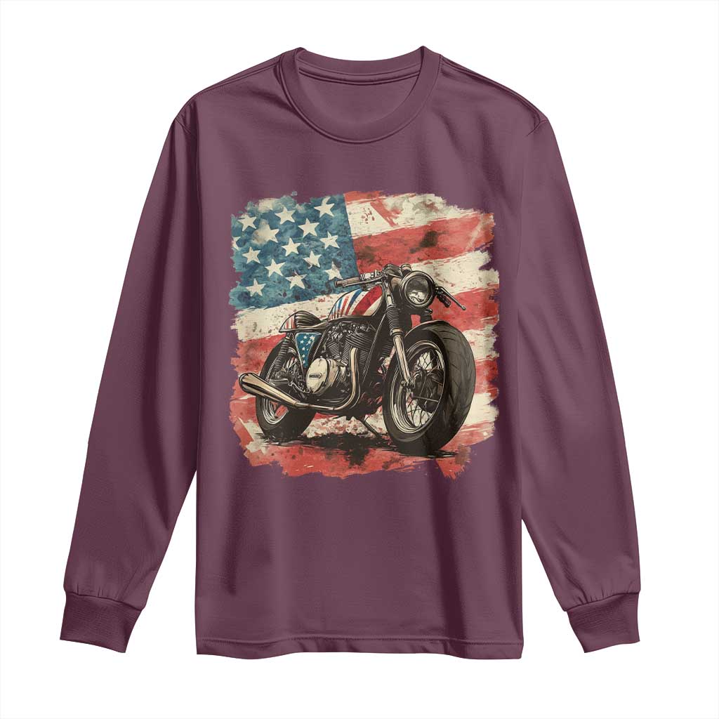 Motorcycle USA Flag Retro Biker Long Sleeve Shirt
