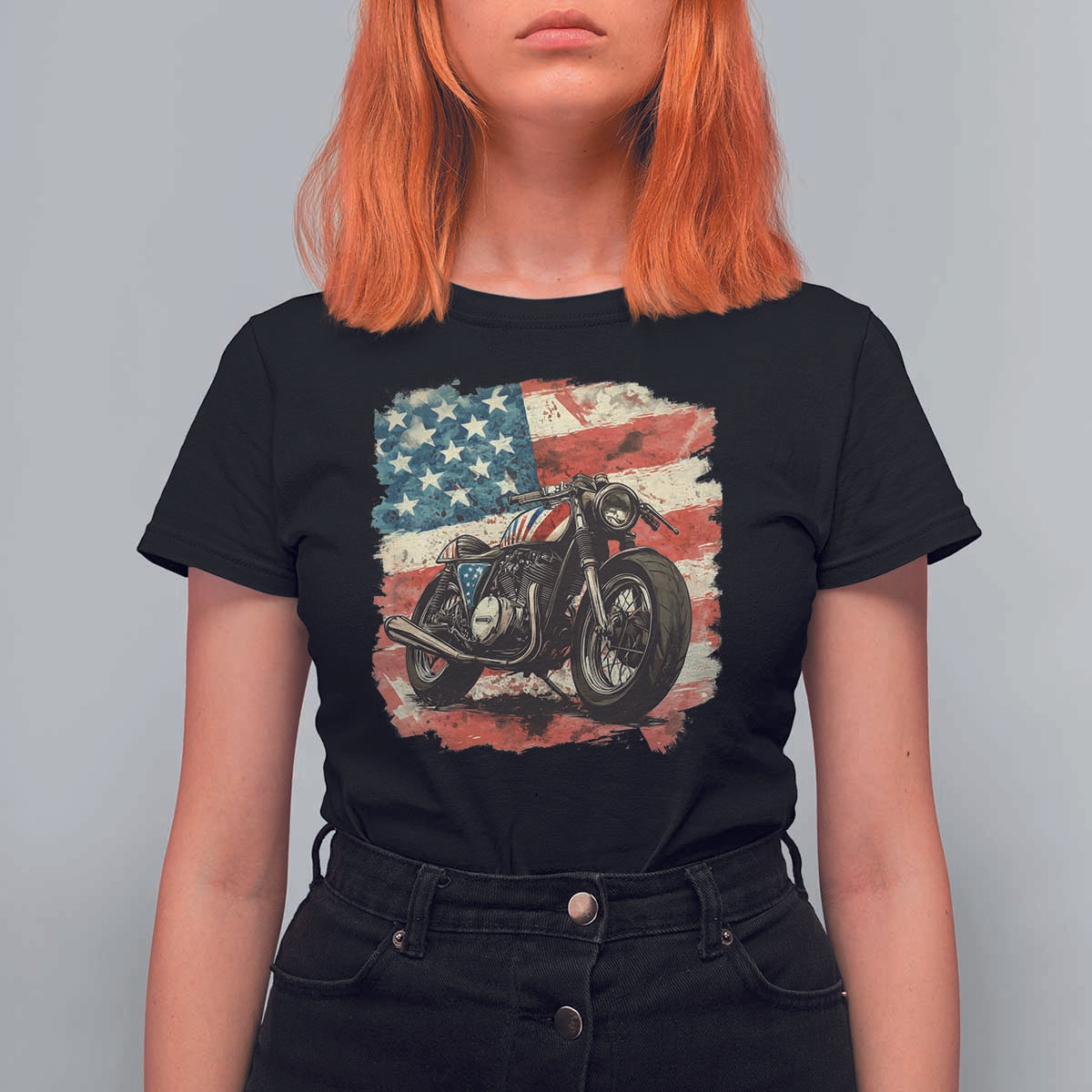 Motorcycle USA Flag Retro Biker T Shirt For Women