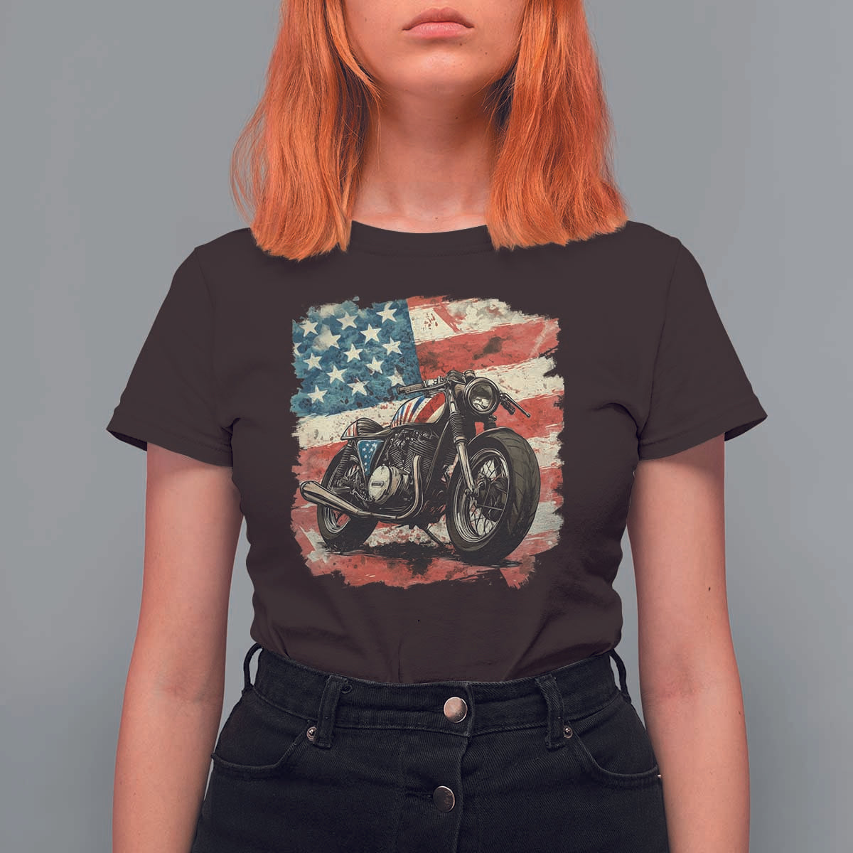 Motorcycle USA Flag Retro Biker T Shirt For Women