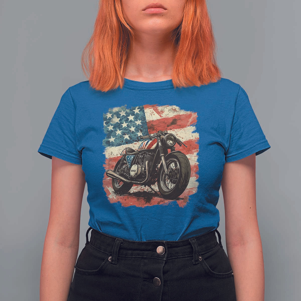 Motorcycle USA Flag Retro Biker T Shirt For Women