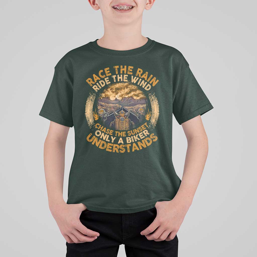 Motorcycle Rider T Shirt For Kid Race The Rain Ride The Wind Chase The Sunset