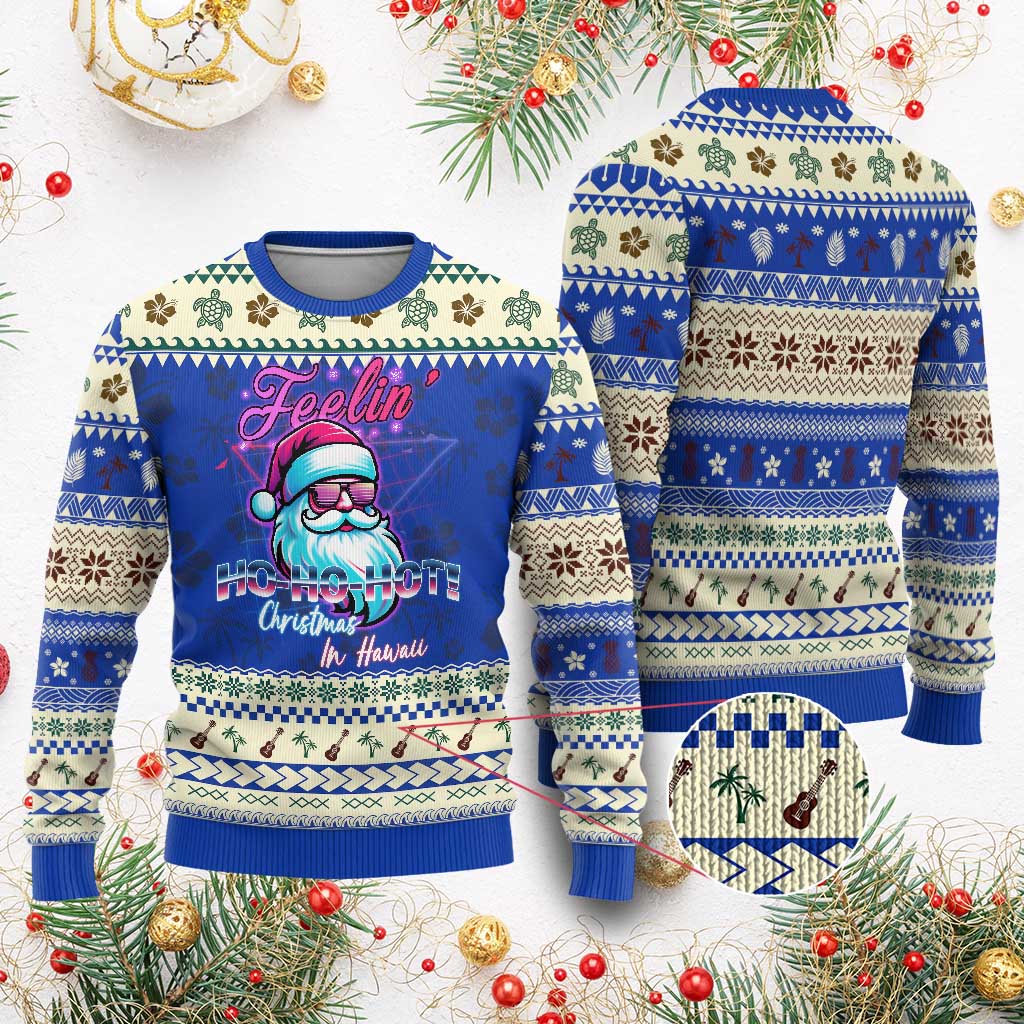 Tropical Xmas Ugly Christmas Sweater Retro Santa Feelin' Ho Ho Hot - Wonder Print Shop