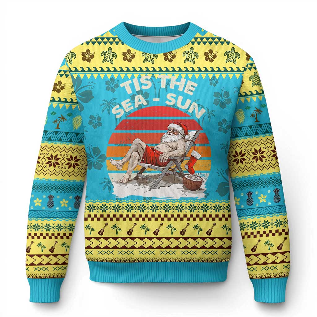 Tropical Xmas Ugly Christmas Sweater Tis The Sea Sun Santa At The Beach - Wonder Print Shop