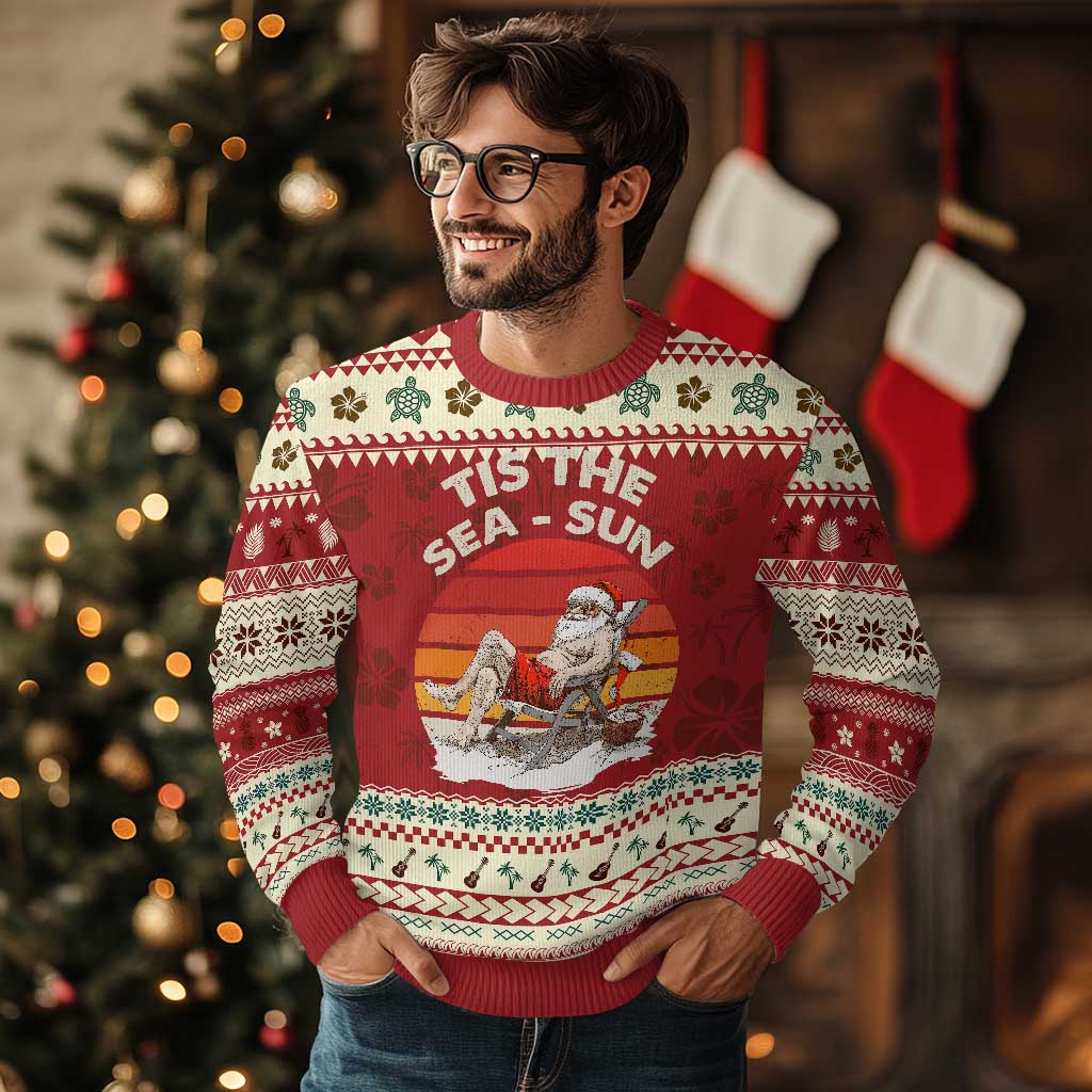 Tropical Xmas Ugly Christmas Sweater Tis The Sea Sun Santa At The Beach - Wonder Print Shop
