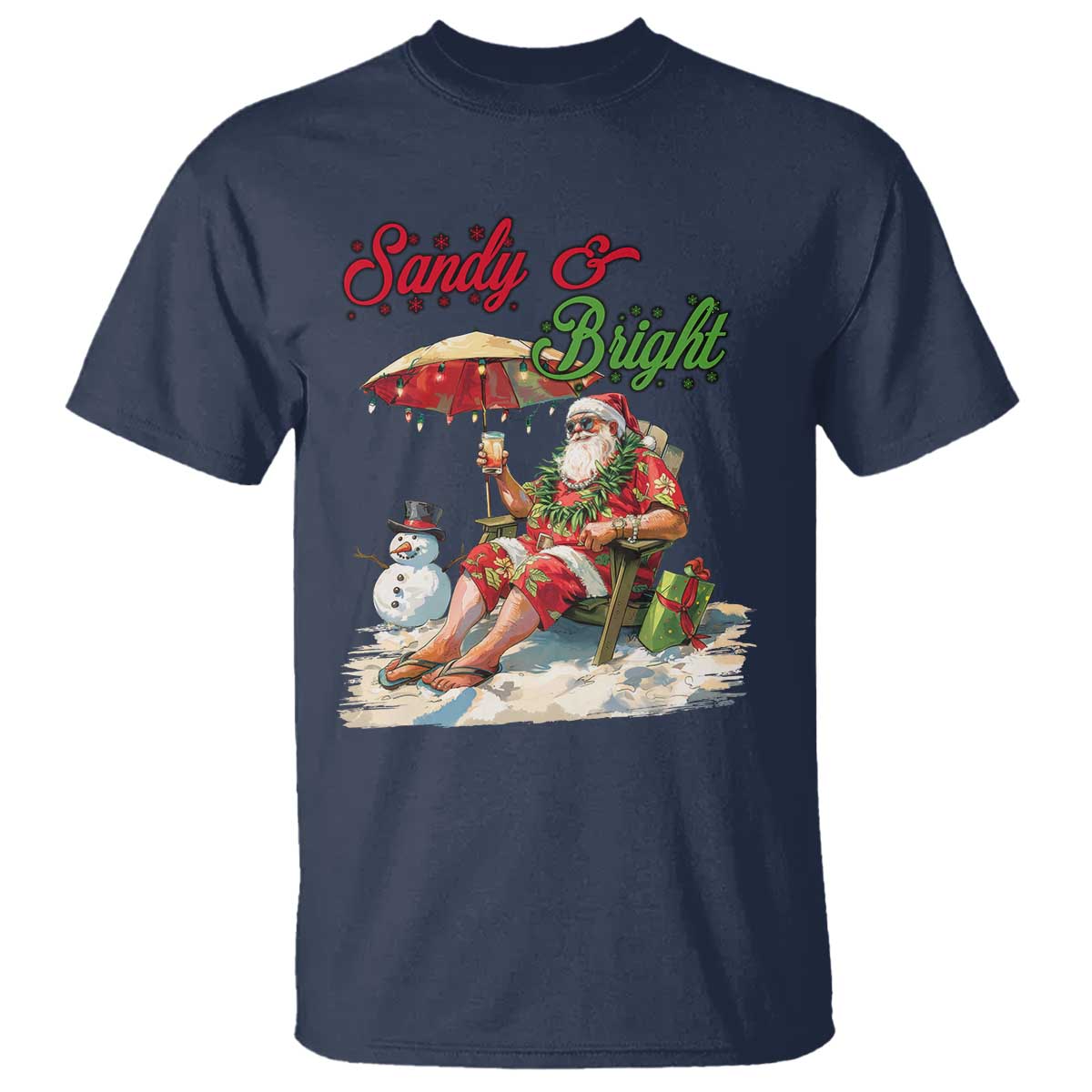 Funny Christmas In July T Shirt Sandy And Bright Santa At The Beach - Wonder Print Shop
