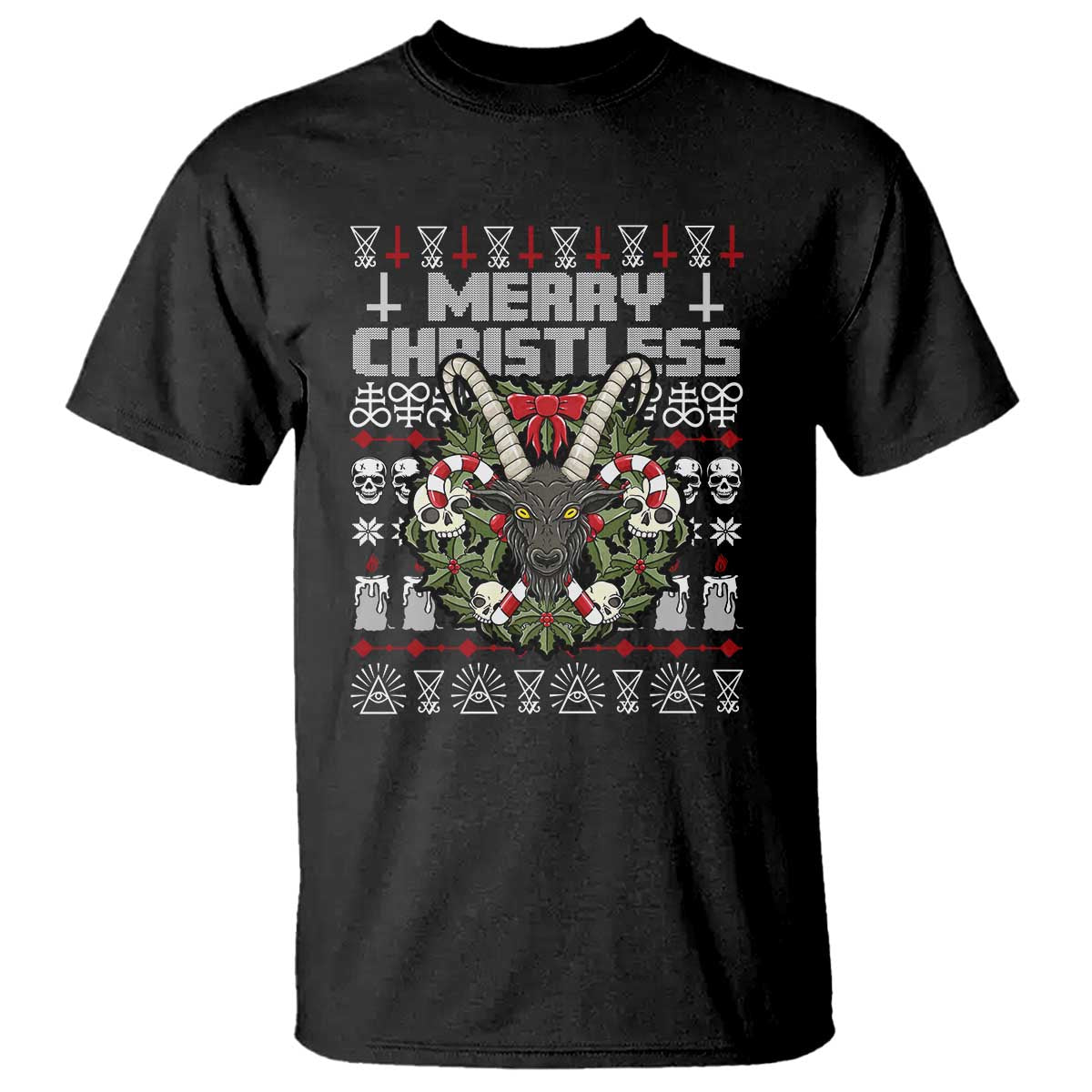 Anti Christmas T Shirt Merry Christless Satan Baphomet Wreath - Wonder Print Shop