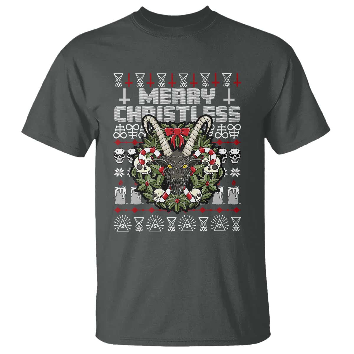 Anti Christmas T Shirt Merry Christless Satan Baphomet Wreath - Wonder Print Shop