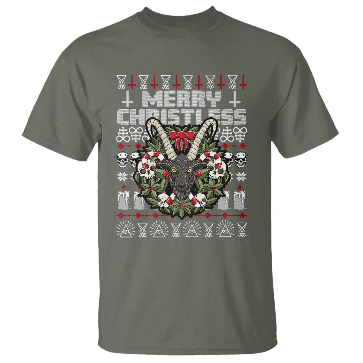 Anti Christmas T Shirt Merry Christless Satan Baphomet Wreath - Wonder Print Shop