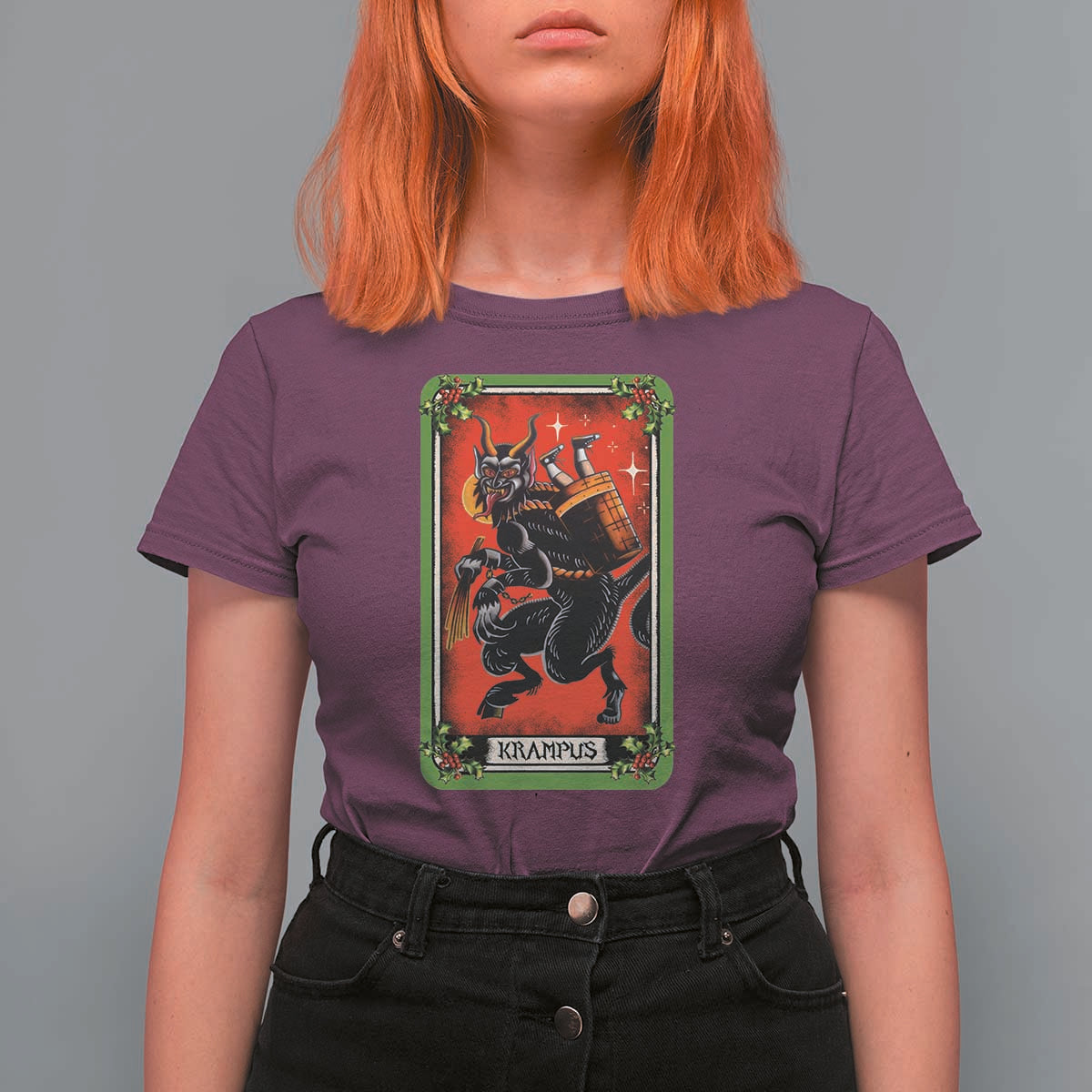Christmas Krampus T Shirt For Women American Traditional Tarot Card - Wonder Print Shop