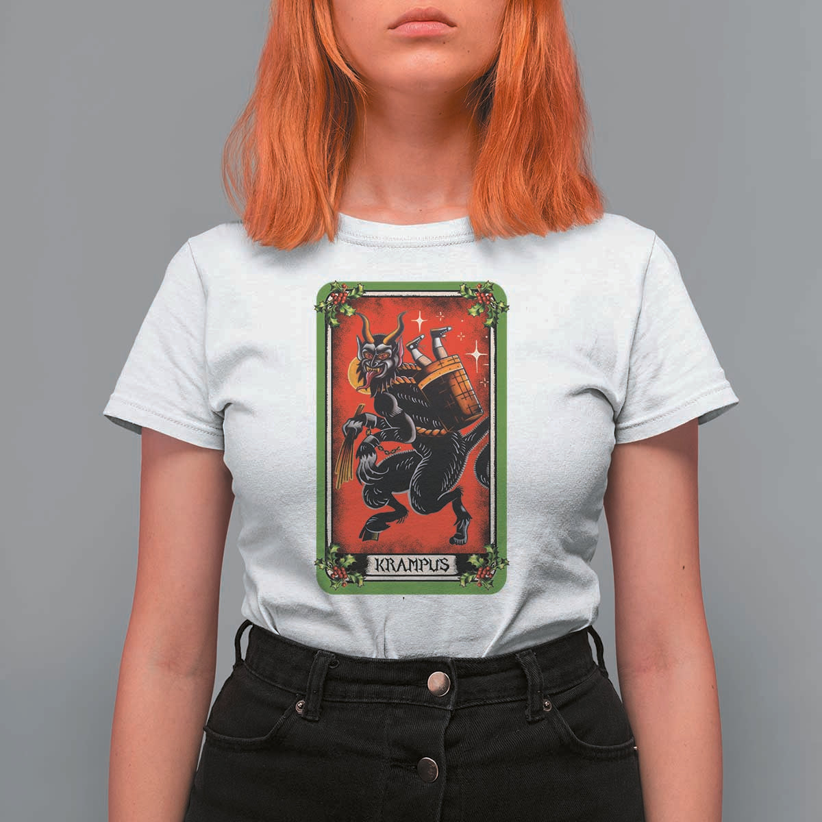 Christmas Krampus T Shirt For Women American Traditional Tarot Card - Wonder Print Shop