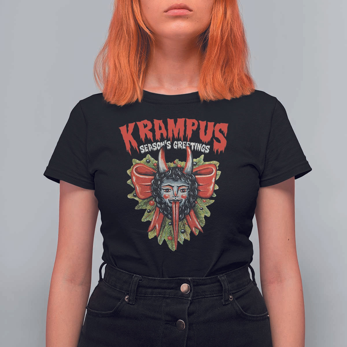 Christmas Krampus T Shirt For Women Season Greeting Coquette Bow Krampus - Wonder Print Shop