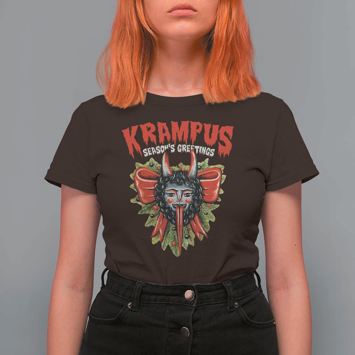 Christmas Krampus T Shirt For Women Season Greeting Coquette Bow Krampus - Wonder Print Shop