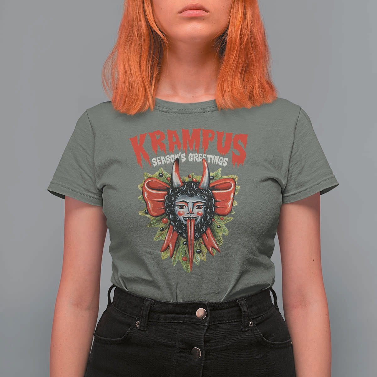 Christmas Krampus T Shirt For Women Season Greeting Coquette Bow Krampus - Wonder Print Shop