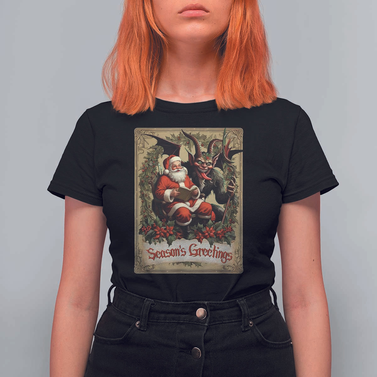 Christmas Krampus T Shirt For Women Season Greeting Vintage Tarot Card - Wonder Print Shop