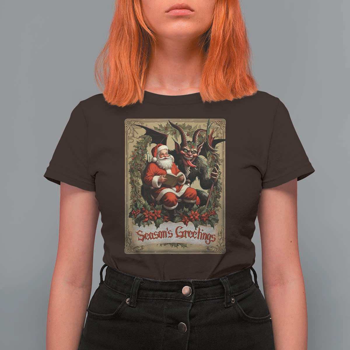 Christmas Krampus T Shirt For Women Season Greeting Vintage Tarot Card - Wonder Print Shop