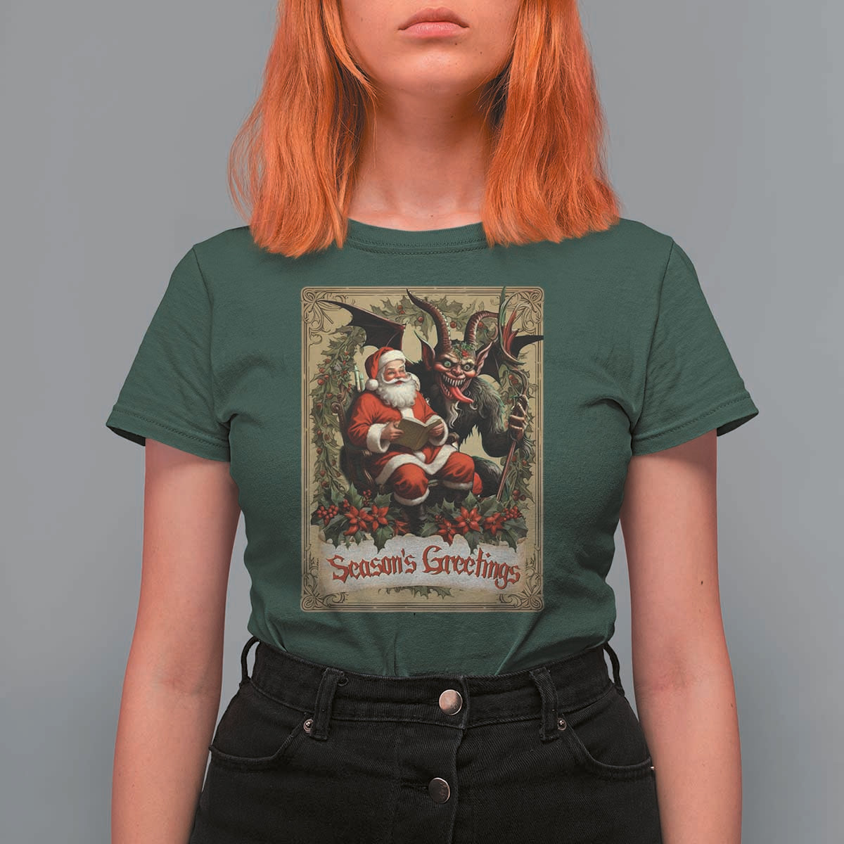 Christmas Krampus T Shirt For Women Season Greeting Vintage Tarot Card - Wonder Print Shop