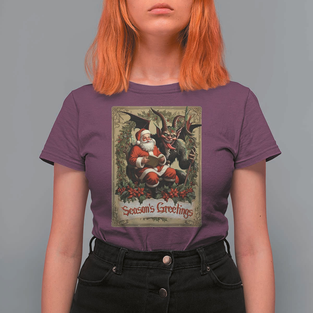 Christmas Krampus T Shirt For Women Season Greeting Vintage Tarot Card - Wonder Print Shop