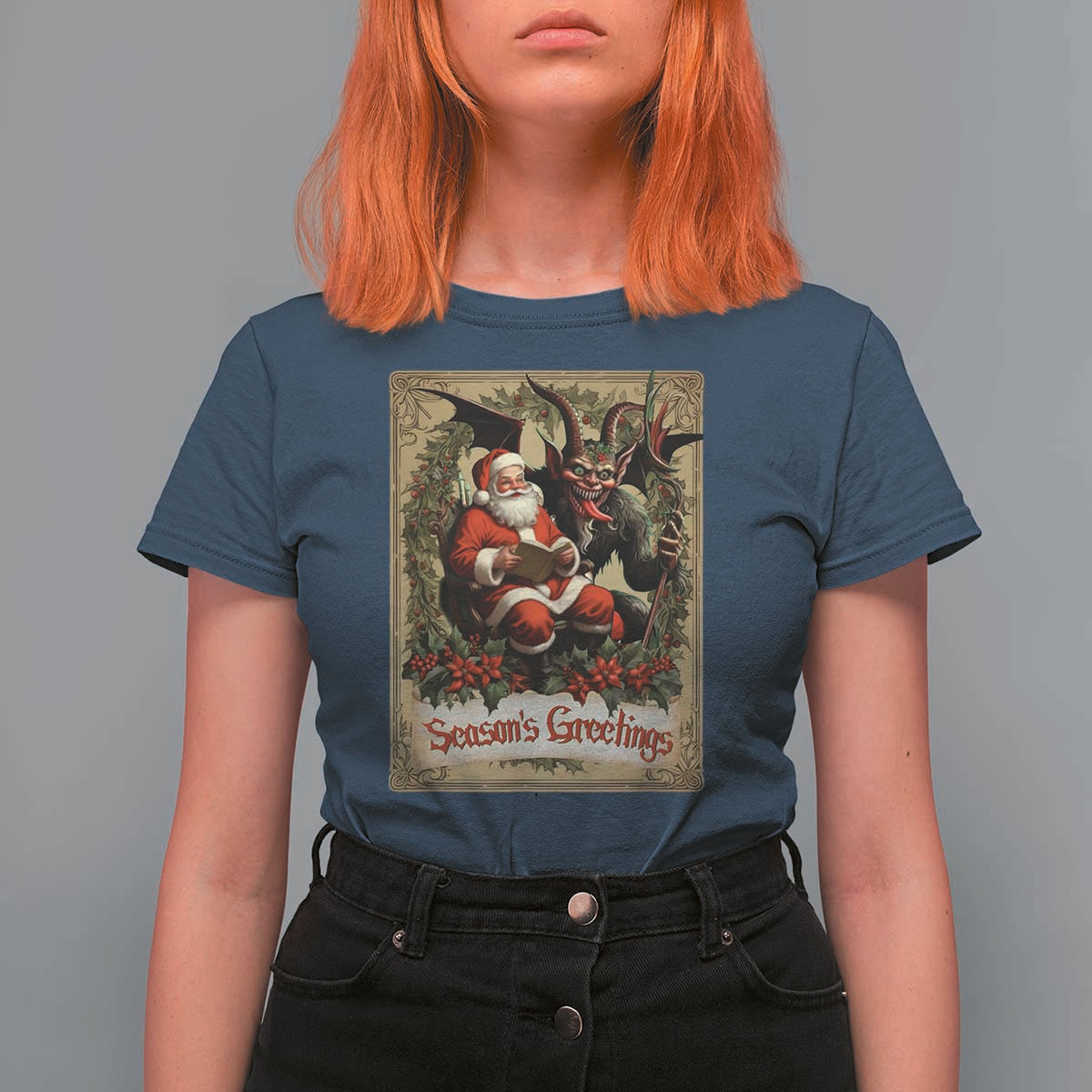 Christmas Krampus T Shirt For Women Season Greeting Vintage Tarot Card - Wonder Print Shop