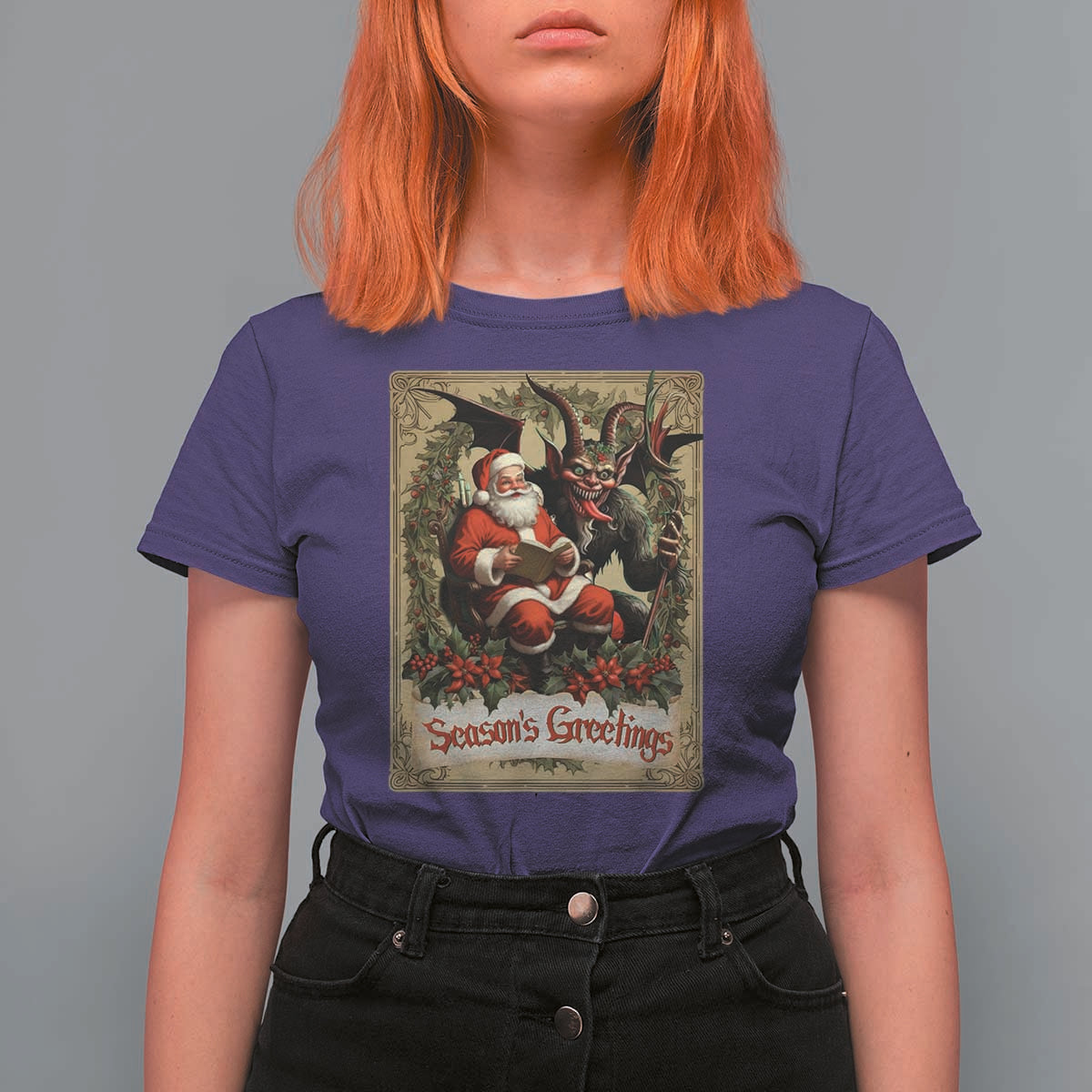 Christmas Krampus T Shirt For Women Season Greeting Vintage Tarot Card - Wonder Print Shop