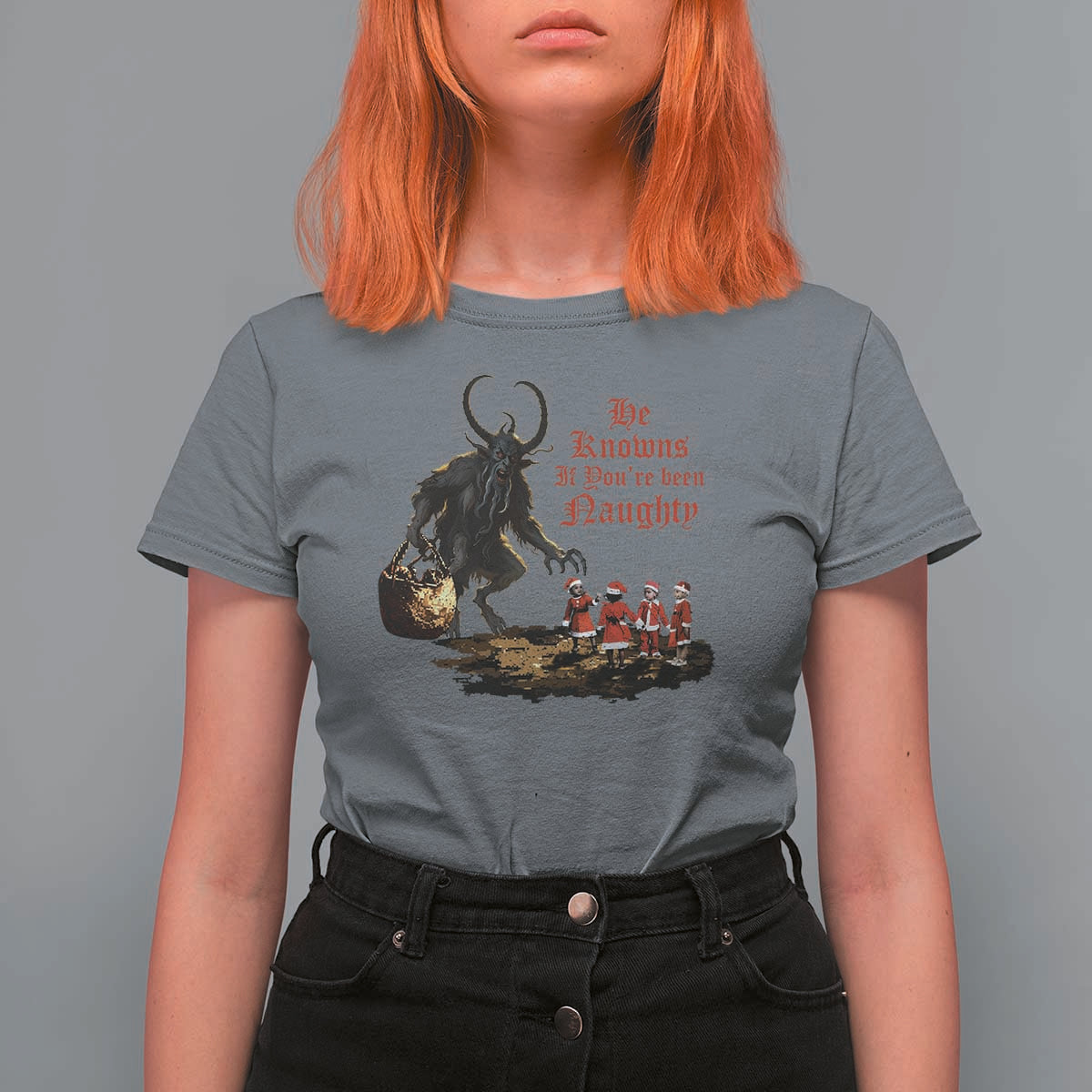 Christmas Krampus T Shirt For Women He Knows If You've Been Naughty - Wonder Print Shop