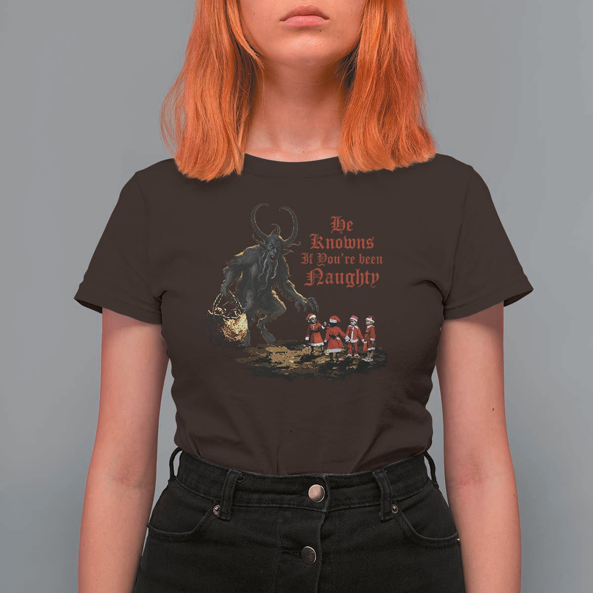 Christmas Krampus T Shirt For Women He Knows If You've Been Naughty - Wonder Print Shop