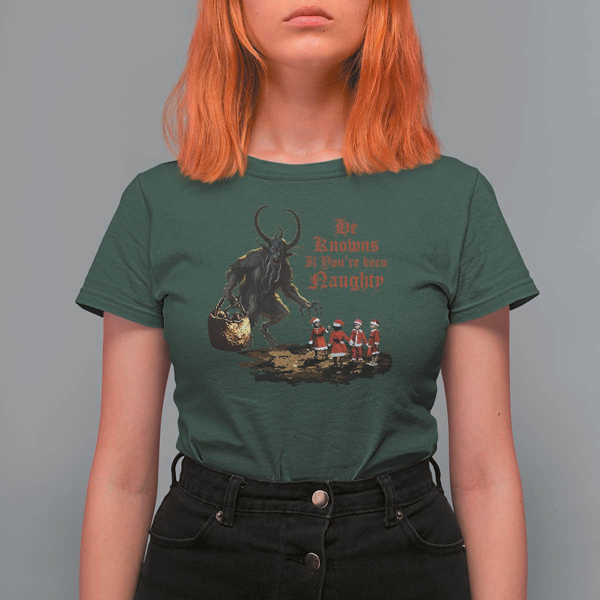 Christmas Krampus T Shirt For Women He Knows If You've Been Naughty - Wonder Print Shop