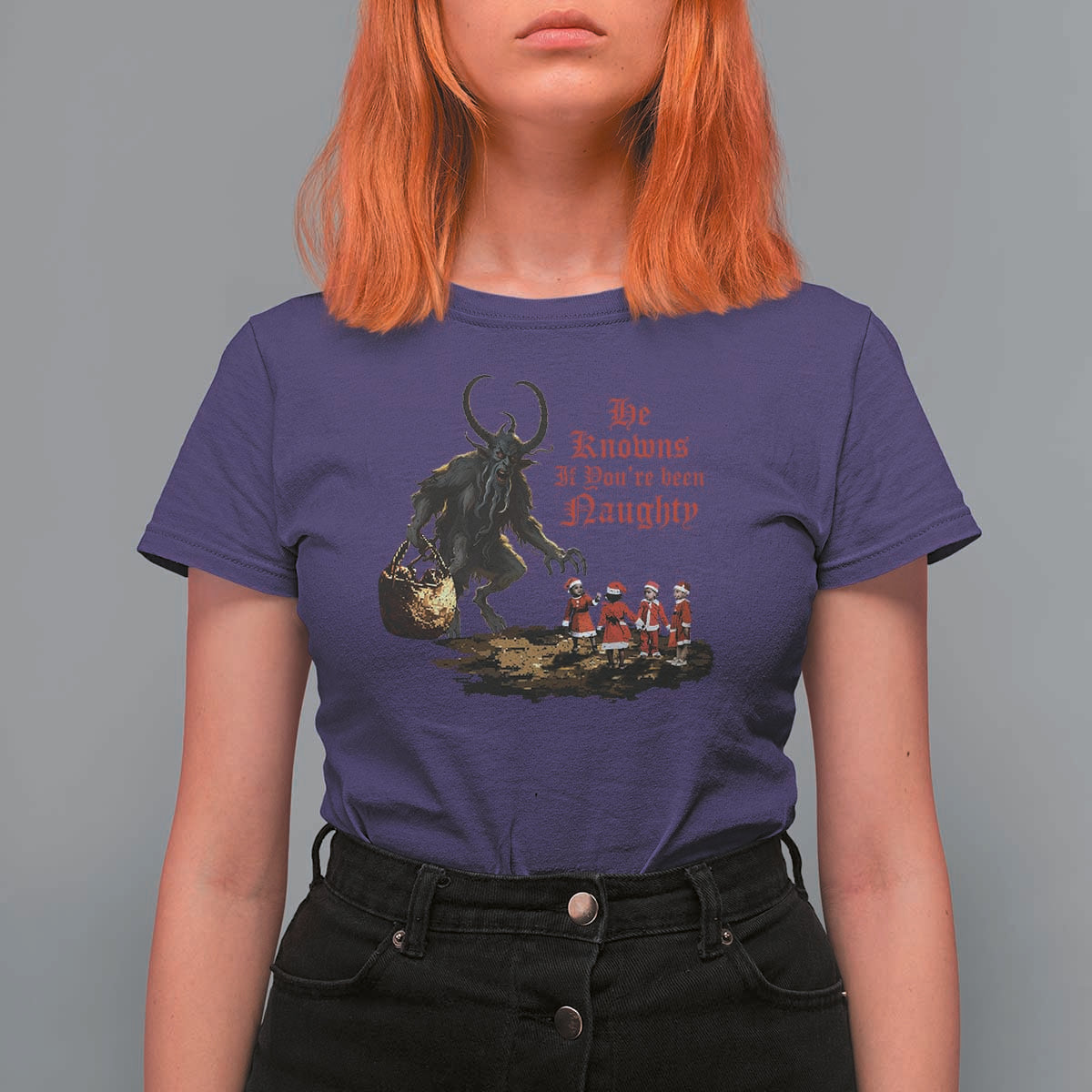 Christmas Krampus T Shirt For Women He Knows If You've Been Naughty - Wonder Print Shop