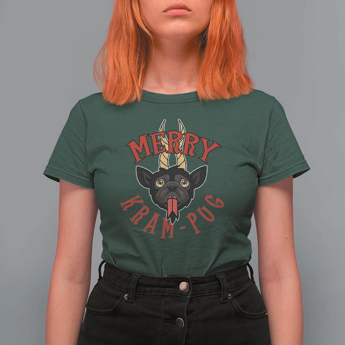 Funny Christmas Krampus Pug Dog T Shirt For Women Merry Krampug Cute Pug Satan - Wonder Print Shop