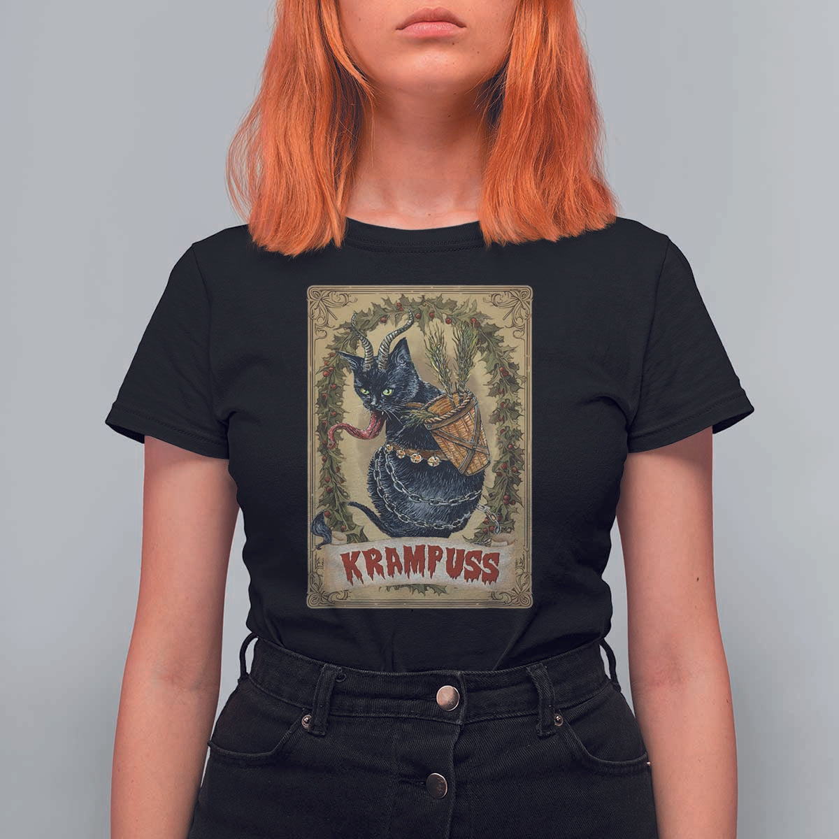 Krampus Cat T Shirt For Women Krampuss Black Cat Vintage Horror Christmas - Wonder Print Shop