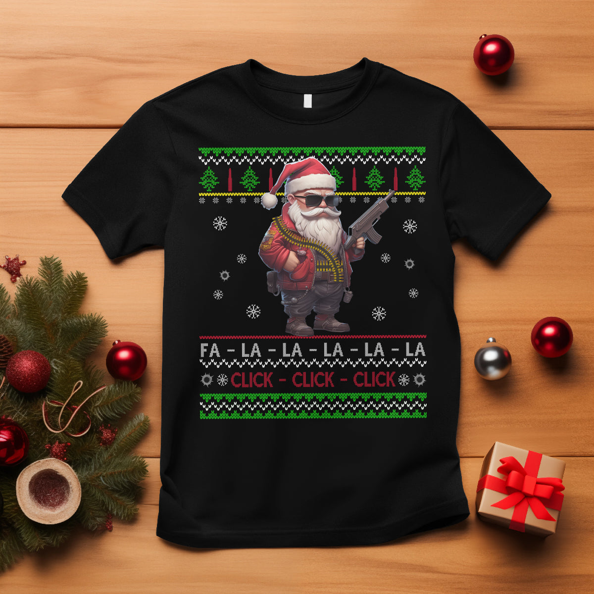 Christmas T Shirt Santa Claus Gun Click Click Sing Fa La La La - Wonder Print Shop