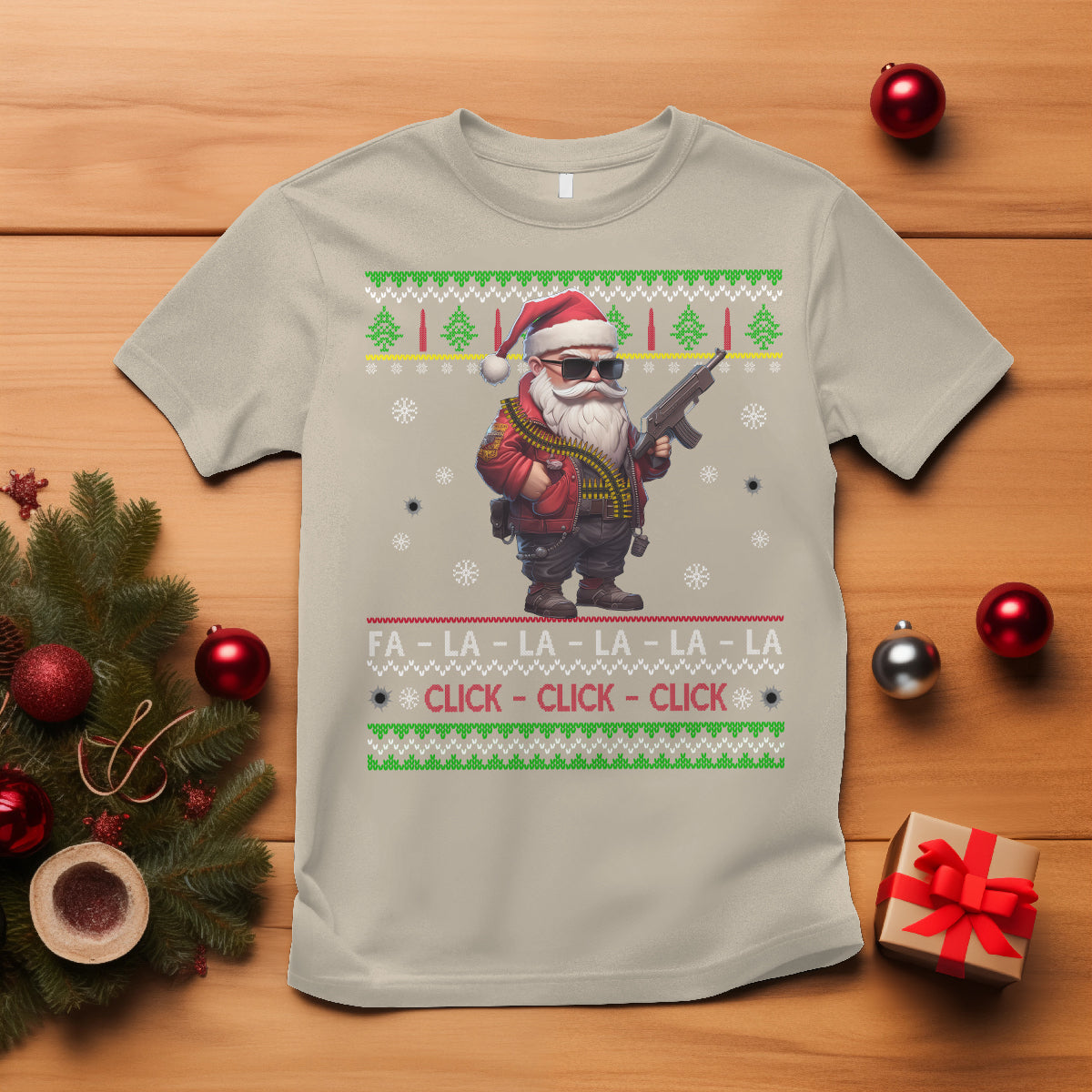 Christmas T Shirt Santa Claus Gun Click Click Sing Fa La La La - Wonder Print Shop