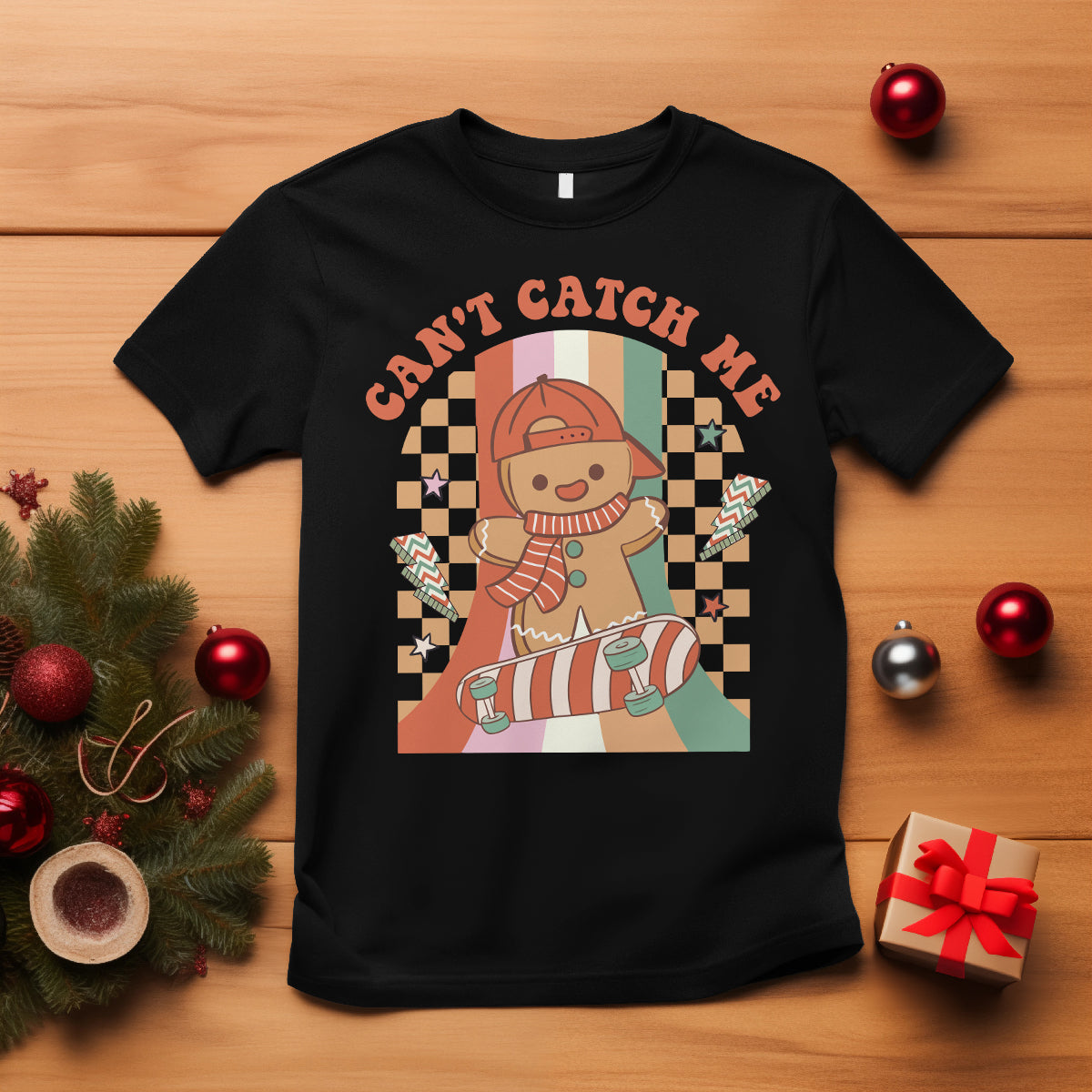 Christmas T Shirt Skateboarding Gingerbread Boy Can't Catch Me - Wonder Print Shop