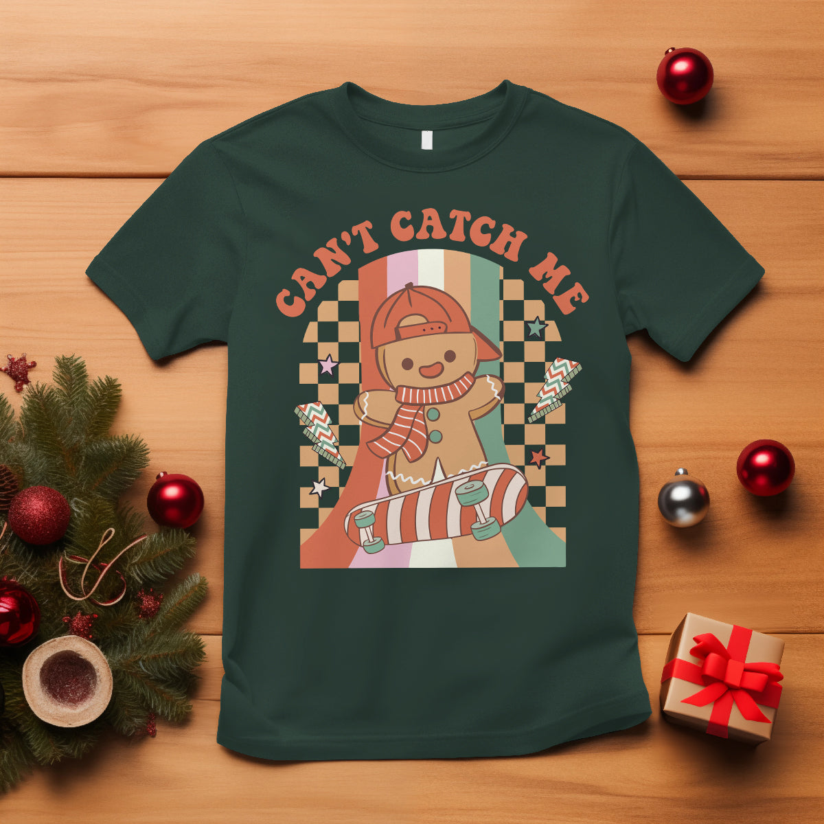 Christmas T Shirt Skateboarding Gingerbread Boy Can't Catch Me - Wonder Print Shop