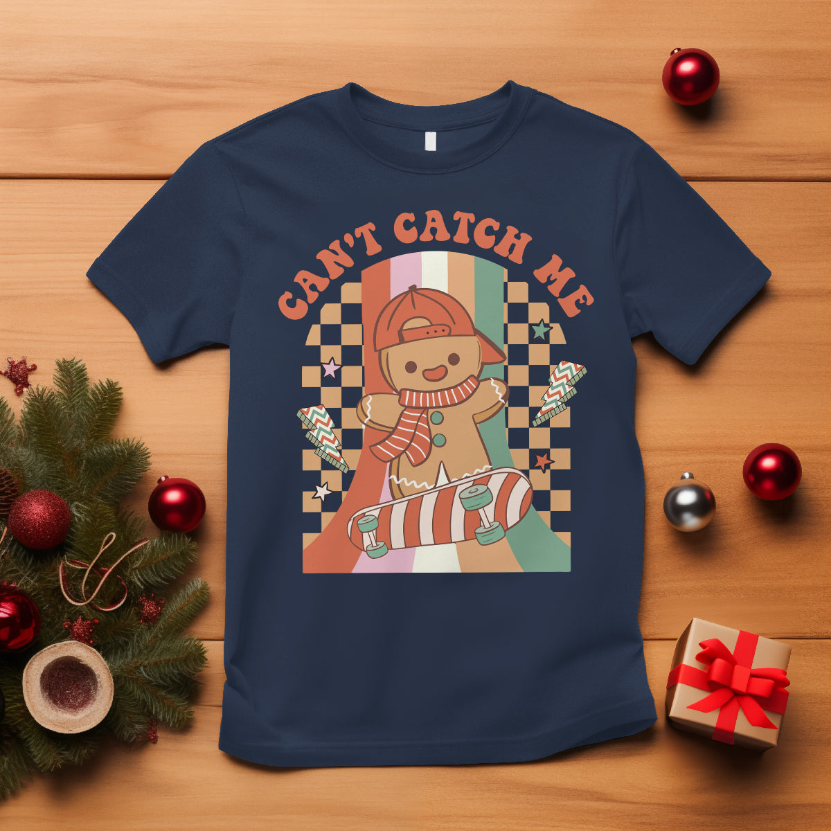Christmas T Shirt Skateboarding Gingerbread Boy Can't Catch Me - Wonder Print Shop