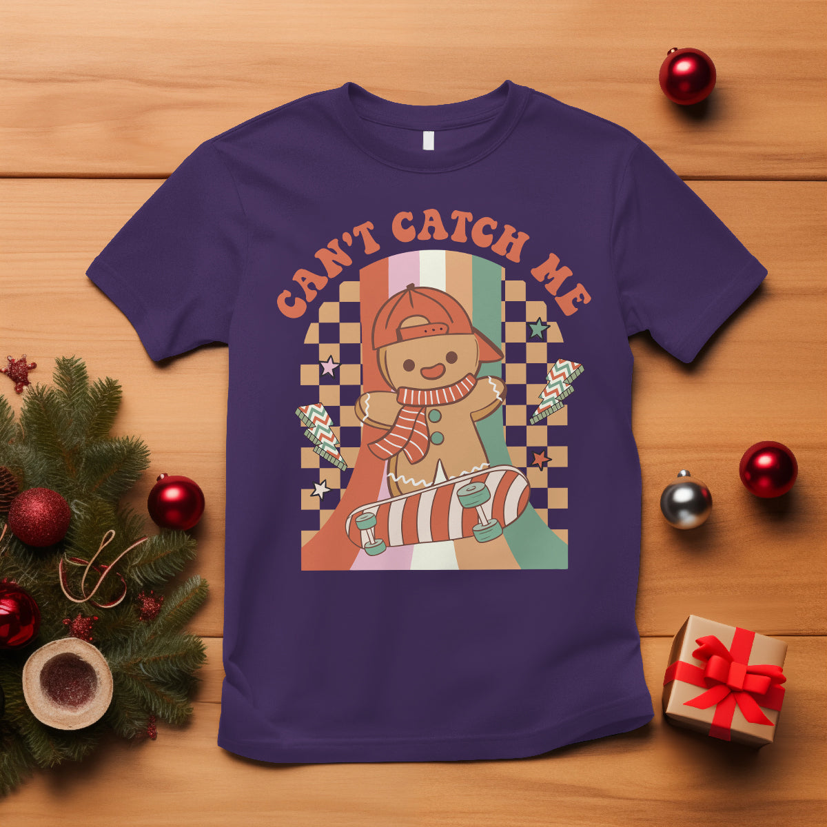 Christmas T Shirt Skateboarding Gingerbread Boy Can't Catch Me - Wonder Print Shop