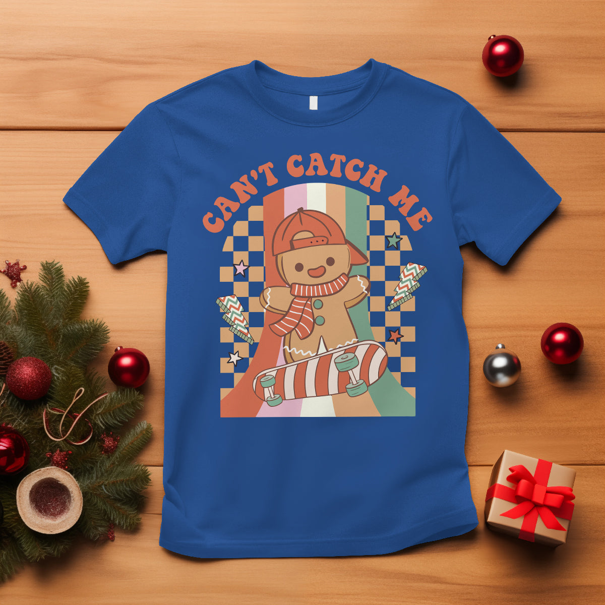 Christmas T Shirt Skateboarding Gingerbread Boy Can't Catch Me - Wonder Print Shop