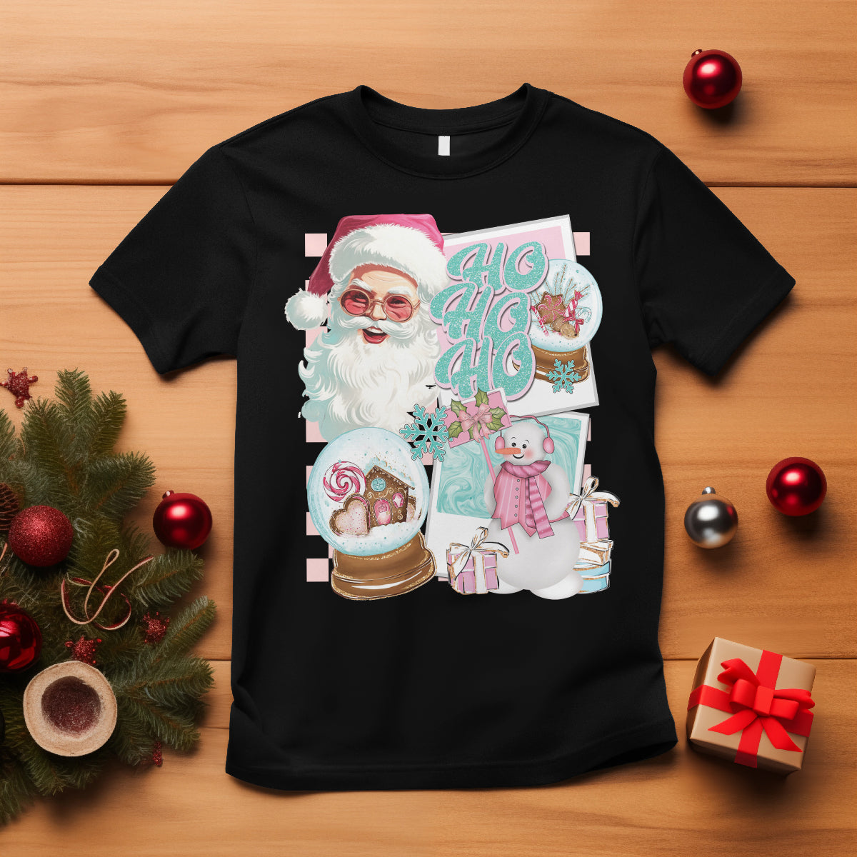 Christmas T Shirt Vintage Pink Santa Claus Ho Ho Ho - Wonder Print Shop