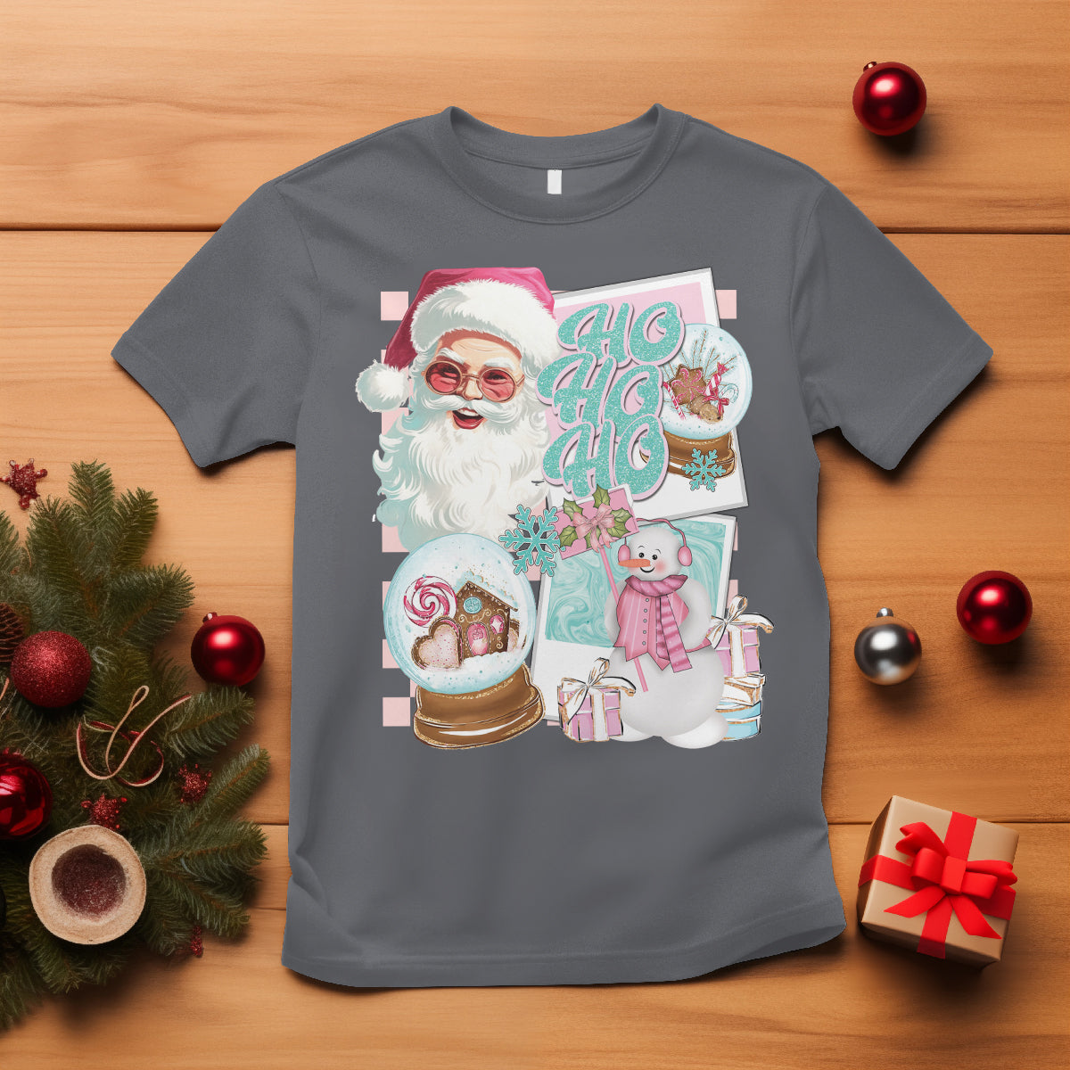 Christmas T Shirt Vintage Pink Santa Claus Ho Ho Ho - Wonder Print Shop