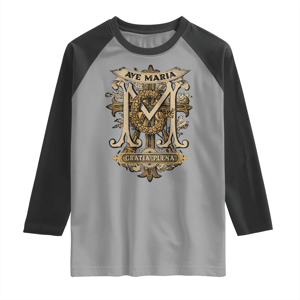 Ave Maria Raglan Shirt Gratia Plena Blessed Mother Mary Hail