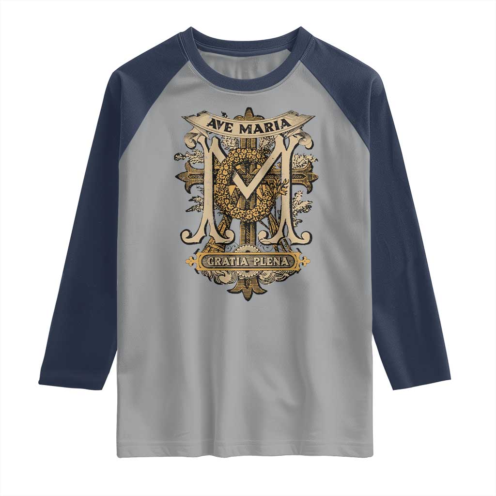 Ave Maria Raglan Shirt Gratia Plena Blessed Mother Mary Hail