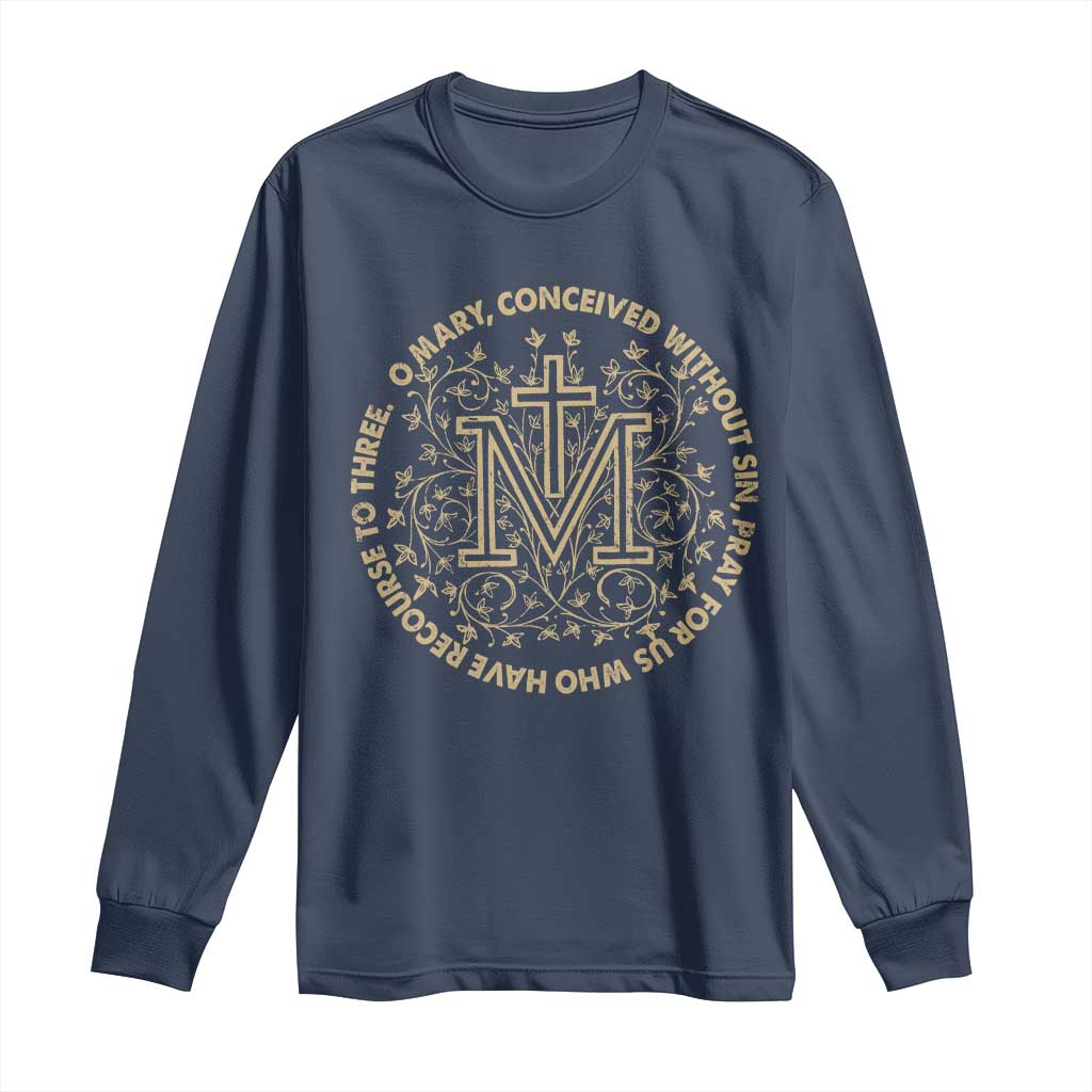 Marian Catholic Ave Maria Long Sleeve Shirt Miraculous Medal Blessed Mother Mary Hail