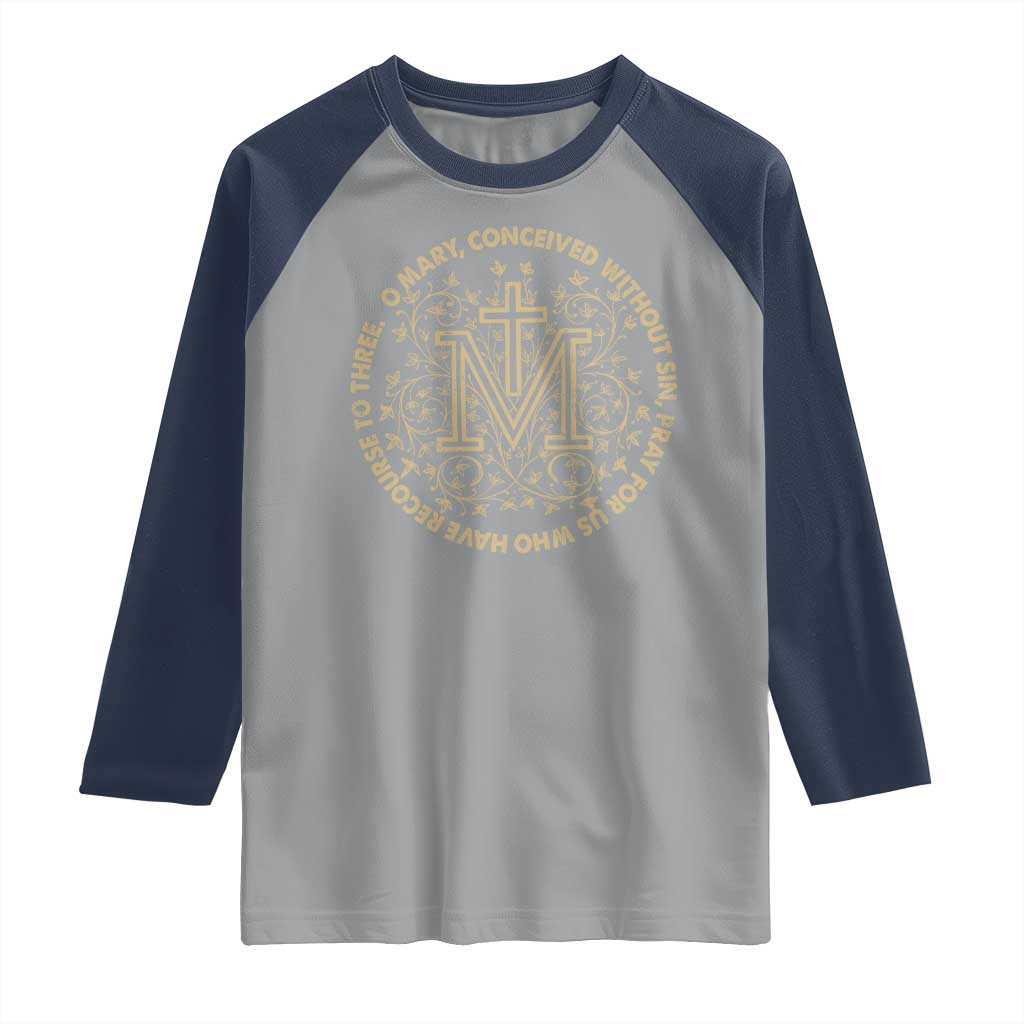 Marian Catholic Ave Maria Raglan Shirt Miraculous Medal Blessed Mother Mary Hail