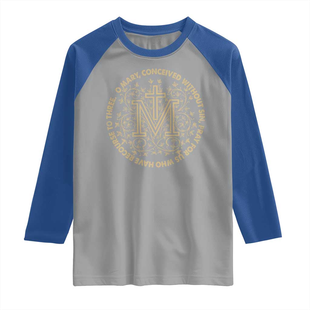 Marian Catholic Ave Maria Raglan Shirt Miraculous Medal Blessed Mother Mary Hail